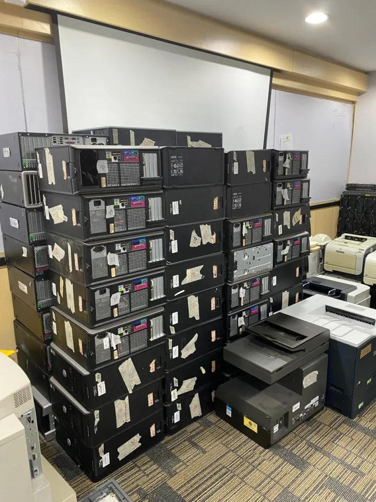 Stacked desktop computers at the TechWaste facility